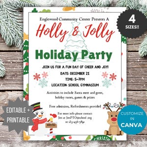 May include: A white flyer for a Holly & Jolly Holiday Party at the Englewood Community Centre on 21 December. The design features a snowman, a reindeer, a Christmas tree, and snowflakes, with text detailing the event time, location, and contact info.