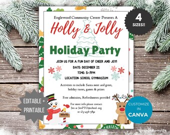 May include: A white flyer for a Holly & Jolly Holiday Party at the Englewood Community Center on December 21. The design features a snowman, a reindeer, a Christmas tree, and snowflakes, with text detailing the event time, location, and contact info.