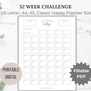 Yearly Challenge Tracker printable fitness challenge binder 52 week saving challenge editable wellness challenge Letter A4 A5 Happy Planner