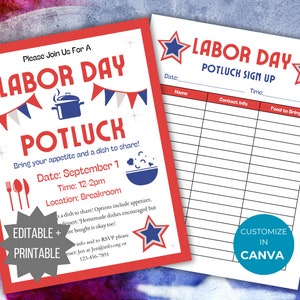 May include: A red and blue printable Labor Day potluck sign-up sheet with stars and bunting. The sign-up sheet includes sections for date, name, contact info, time, and food to bring. The text "Customize in Canva" is in a teal circle at the bottom of the sheet.