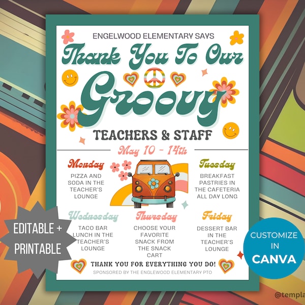 Groovy Teacher Appreciation Week Flyer PTA PTO Template Retro 60s 70s theme School Staff Appreciation week schedule of events itinerary