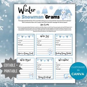 Wintersneeuwpop Gram Flyer PTO-sjabloon Holiday Candy Gram afdrukbare bewerkbare Winter Candy fundraiser Flyer Christmas Candy Gram PTA-flyer