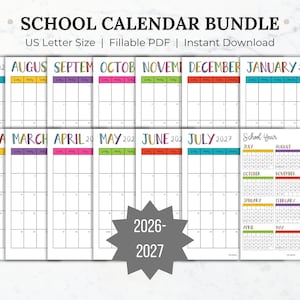 School Year Calendar Printable 2026-2027 Monthly Calendar Bundle Editable PDF