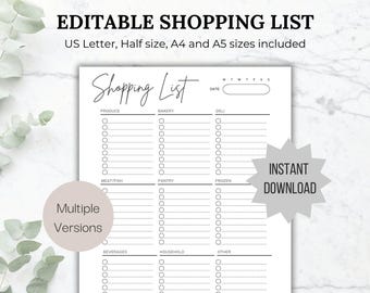 Editable Grocery List Printable Shopping List Printable Grocery Template Shopping Template Food Shopping Planner for Shopping Checklist A5