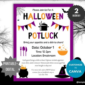 Könnte beinhalten: Ein Halloween-Potluck-Einladungsflyer mit violettem, orangefarbenem und schwarzem Text und Grafiken. Er zeigt ein Spinnennetz, einen Kochtopf, Wimpel, Besteck und einen Hexenhut sowie die Veranstaltungsdetails und Kontaktinformationen.