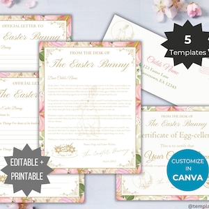 Paquete de cartas de conejito de Pascua Relleno de cesta de Pascua para niños Regalo de Pascua imprimible Certificado de conejito de Pascua Carta al sobre de correo del conejito de Pascua