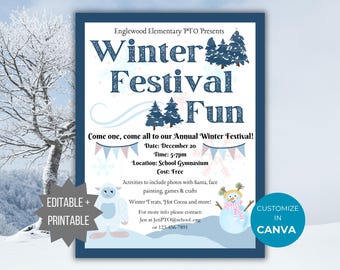 May include: A rectangular flyer for a Winter Festival Fun event featuring dark blue text, pine tree illustrations, a white yeti, and a snowman. The flyer includes event details like date, time, location, and contact information, with editable and printable labels.