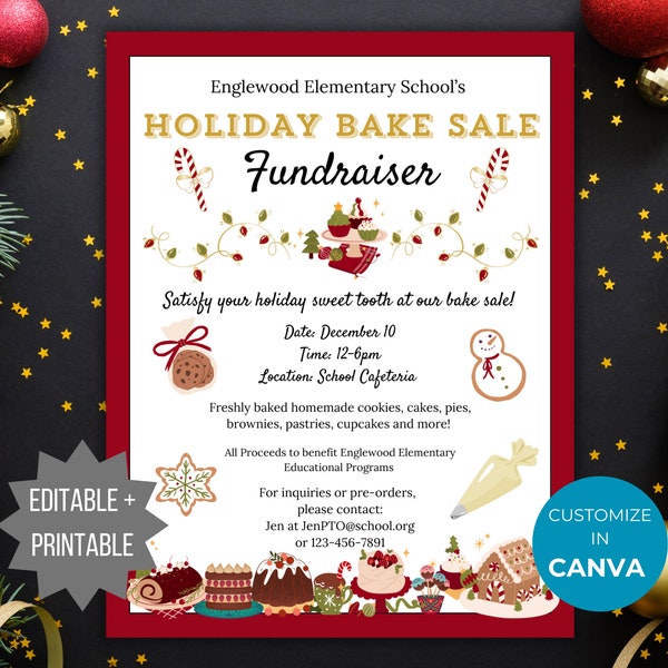 Holiday Bake Sale Fundraiser Flyer Christmas Bake Sale PTO Template Xmas Fundraising invite Editable Holiday School event Flyer Winter PTA