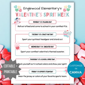 Valentines Spirit Week Flyer Printable School Spirit Flyer editable pto template winter Spirit week itinerary pta flyer school event handout