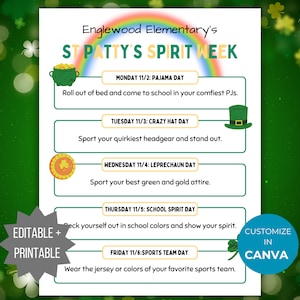 St Patrick Spirit Week Flyer Printable School Spirit Flyer editable pto template spring Spirit week itinerary pta flyer school event handout