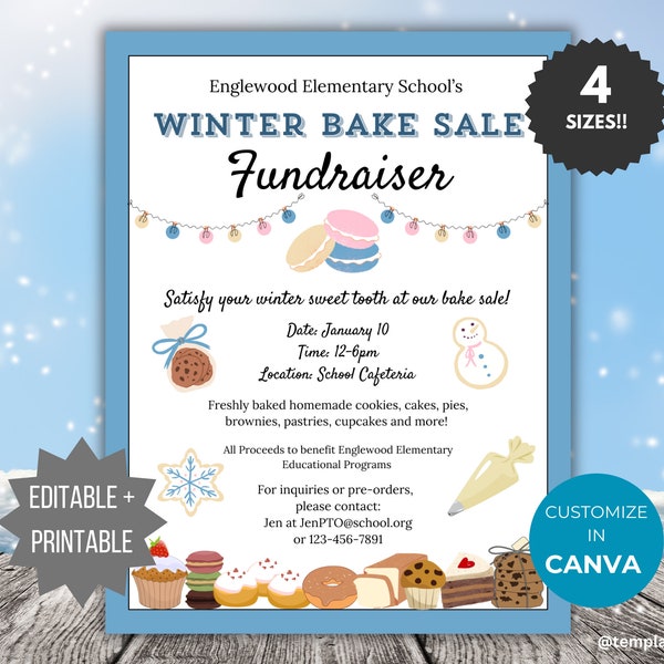 Winter Bake Sale Fundraiser Flyer Winter Event invite PTO Template Winter Fundraising invite Editable Winter School event Flyer Winter PTA