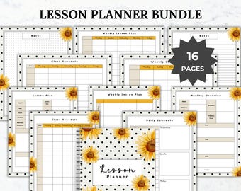Peut inclure: Un ensemble de planificateurs de cours comprenant 16 pages avec une bordure à pois noirs et des illustrations de tournesols. Les feuilles imprimables incluent des emplois du temps, des plans de cours et des notes.