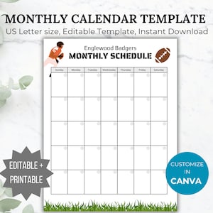 Sjabloon voetbalseizoenkalender Maandelijks voetbalwedstrijdschema bewerkbaar Voetbaloefenschema afdrukbare moederkalender voetbalteam