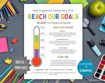Peut inclure: Un dépliant blanc intitulé Help Englewood Elementary PTO REACH OUR GOALS avec un graphique de thermomètre de collecte de fonds de 5 000 $, des sections pour How You Can Help et une note de remerciement, avec du texte coloré.