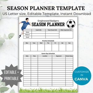 Soccer season planner template Soccer game schedule printable Soccer coach practice schedule editable Soccer mom planner game day organizer
