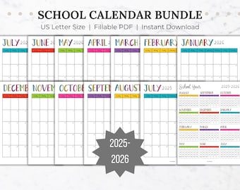 School Year Calendar Printable 2025-2026 Bundle Portrait Monthly Calendar Year at a Glance Academic Calendar Editable Yearly School Calendar