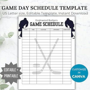 Hockey game schedule template Hockey sports calendar game day schedule Hockey coach planner printable hockey team mom game schedule handout