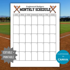May include: A printable monthly schedule template with a baseball theme. The template features a baseball field background and a baseball bat and ball graphic. The text "Englewood Badgers MONTHLY SCHEDULE" is at the top of the template. The days of the week are listed across the top of the template, and there are blank squares for each day of the month.