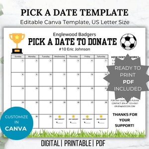 Soccer Pick a Date to Donate Template Soccer fundraiser calendar editable pay the date sponsor flyer Soccer team sponsor donation flyer