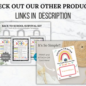 Puede incluir: Kit de supervivencia para la vuelta al cole imprimible con una lista de consejos para los estudiantes. El kit incluye una plantilla de tarjeta de regalo con un arco&iacute;ris y el texto "As We Move on to the Next Grade".