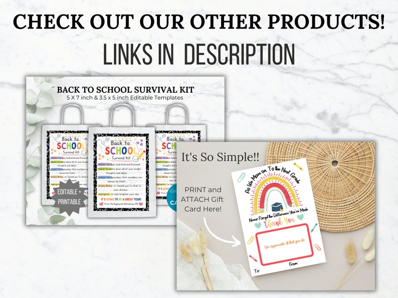 Puede incluir: Kit de supervivencia para la vuelta al cole imprimible con una lista de consejos para los estudiantes. El kit incluye una plantilla de tarjeta de regalo con un arco&iacute;ris y el texto "As We Move on to the Next Grade".