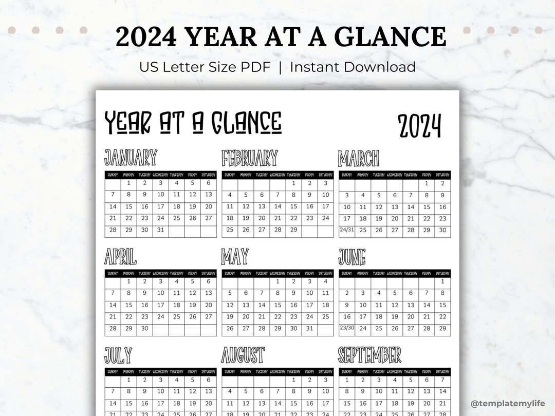 Calendar Printable 2024 Year at a Glance Yearly Overview Calendar Black