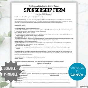 Formulario de patrocinio Carta de patrocinio comercial imprimible Carta de solicitud de donación del equipo deportivo Plantilla de patrocinio del club Folleto Patrocina mi temporada