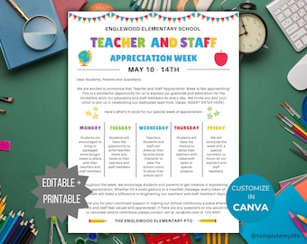 Teacher and Staff Appreciation Week Letter Flyer PTO PTA Handout Template School Appreciation week schedule take home itinerary newsletter