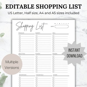 Editable Grocery List Printable Shopping List Printable Grocery Template Shopping Template Food Shopping Planner for Shopping Checklist A5