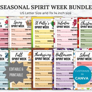 Seasonal Spirit Week flyer editable template bundle pta spirit week printable school events handout pto template school spirit pta flyer