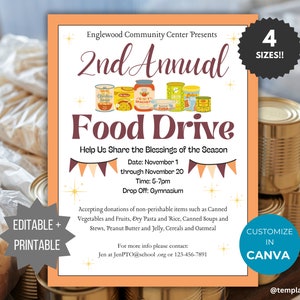 Food Drive Flyer Template PTO Charity Flyer Editable Donation Flyer Spring School Fundraiser Flyer Fall printable PTA Donation sign poster