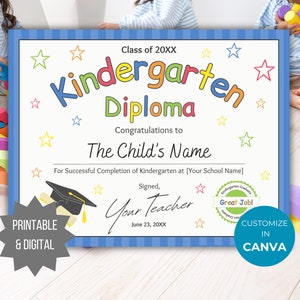 Bearbeitbares Kindergarten-Diplom druckbare Elementarabschluss-Zertifikatsvorlage Kindergarten-Zertifikat letzter Tag des Schulzeichens Canva