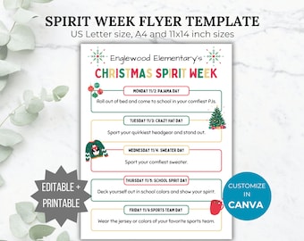 Christmas Spirit Week Flyer Printable School Spirit Flyer editable pto template winter Spirit week itinerary pta flyer school event handout