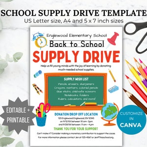 Editable School Supply Drive Flyer Template School Fundraiser Handout school donation sign PTA template fundraising PTO School flyer donate