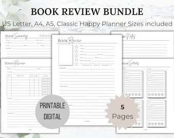 Book Review Bundle Printable Reading Journal Book Series Review Digital Book Summary Book Tracker Review for Book Club Gift for Book Lover