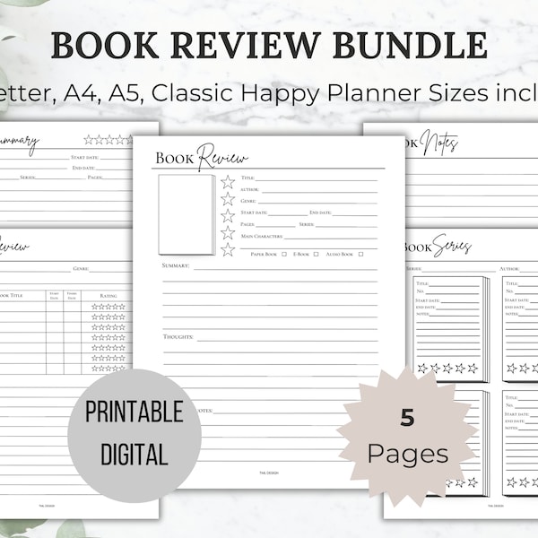 Book Review Bundle Printable Reading Journal Book Series Review Digital Book Summary Book Tracker Review for Book Club Gift for Book Lover