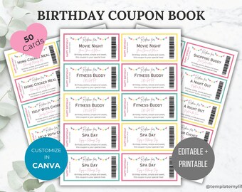 Carnet de bons cadeaux d'anniversaire pour femme, cadeau d'anniversaire pour petite amie, idées cadeaux d'anniversaire de dernière minute pour maman, modèle de carnet de bons cadeaux