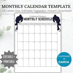 Hockey Season Calendar template Monthly Hockey team game schedule editable Hockey coach practice schedule printable Hockey mom calendar