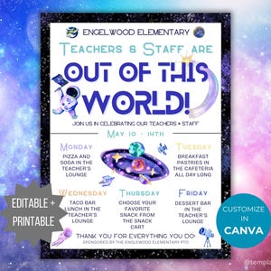Modelo de folheto para a Semana de Apreciação de Professores e Funcionários com tema espacial. Cronograma de reconhecimento da equipe escolar. Apreciação de professores fora deste mundo.