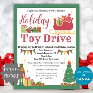 Holiday Toy Drive Fundraiser Flyer Christmas Toy Drive PTO Template Xmas Fundraising invite Editable Holiday School event Flyer Winter PTA