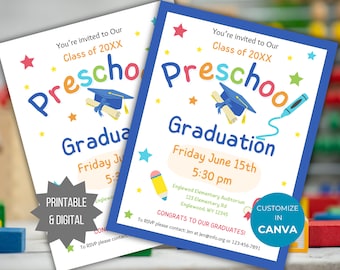 Editable Preschool Graduation Invite Printable pre-k graduation ceremony invitation elementary school graduation announcement flyer template