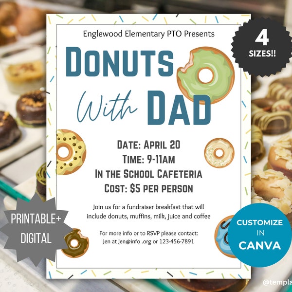 Editable Donuts with Dad flyer PTA School event fundraiser Fathers Day brunch flyer PTO template Father Appreciation event invite digital