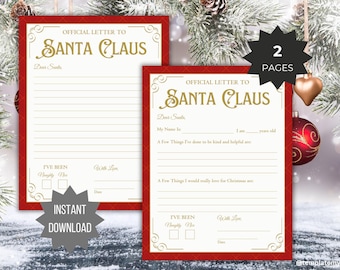 Op de afbeelding: Twee vellen briefpapier voor een officiële brief aan de Kerstman. Het witte papier heeft gouden tekst, lijnen om op te schrijven en een rode rand met een ruitpatroon. Elke pagina bevat secties voor naam, leeftijd, daden en verlanglijstjes.