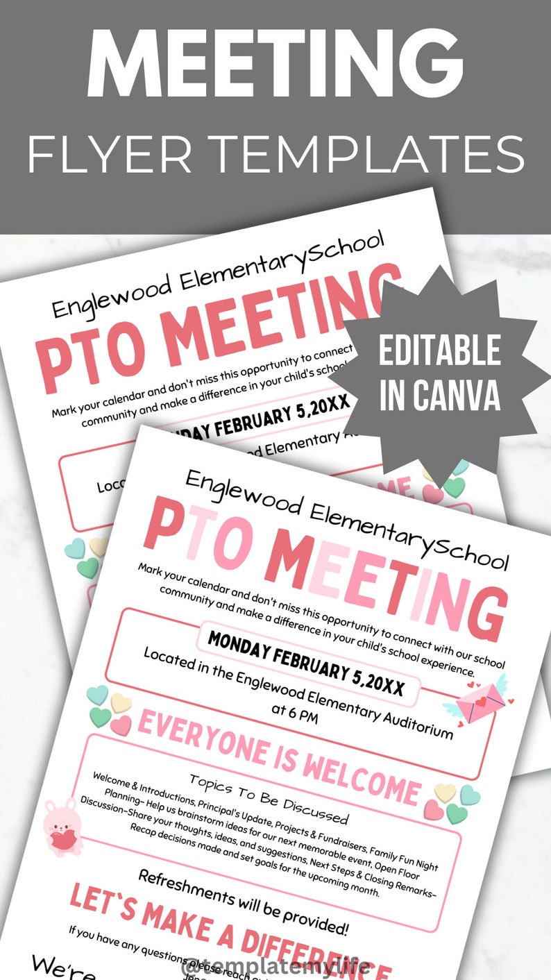 Op de afbeelding: Een roze en witte flyer-sjabloon voor een ouderavondvergadering op Englewood Elementary School. De flyer bevat de datum en tijd van de vergadering, een lijst met onderwerpen die besproken zullen worden en een bericht dat er hapjes en drankjes zullen worden geserveerd. De tekst "Let's Make a Difference" staat in grote, vetgedrukte letters.
