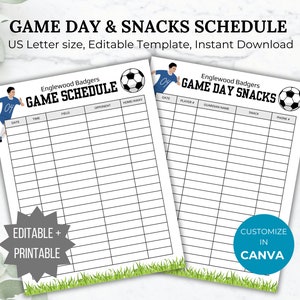 Soccer game schedule template and Soccer snack sign up bundle team mom game day snack sheet printable sports game coach schedule handout