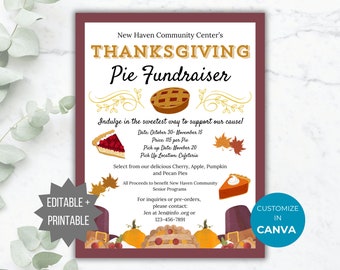 Thanksgiving Pie Fundraiser Flyer Template Pie Sale Flyer Editable Fall Charity Event community Flyer Church Fundraiser Flyer printable