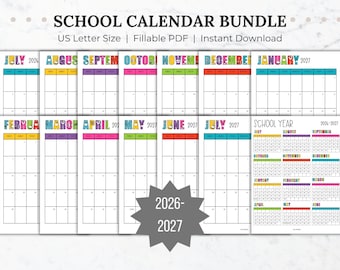 2026-2027 School Calendar Printable, Fillable Monthly Calendar Bundle (PDF)