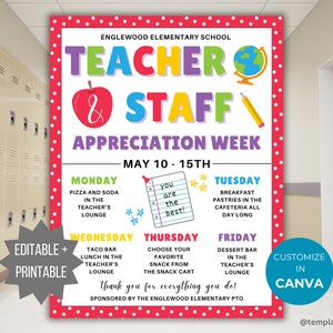 Teacher and Staff Appreciation Week Template PTO School Event Teacher Appreciation Flyer PTA printable staff appreciation weekly schedule