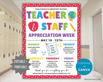 Teacher and Staff Appreciation Week Template PTO School Event Teacher Appreciation Flyer PTA printable staff appreciation weekly schedule