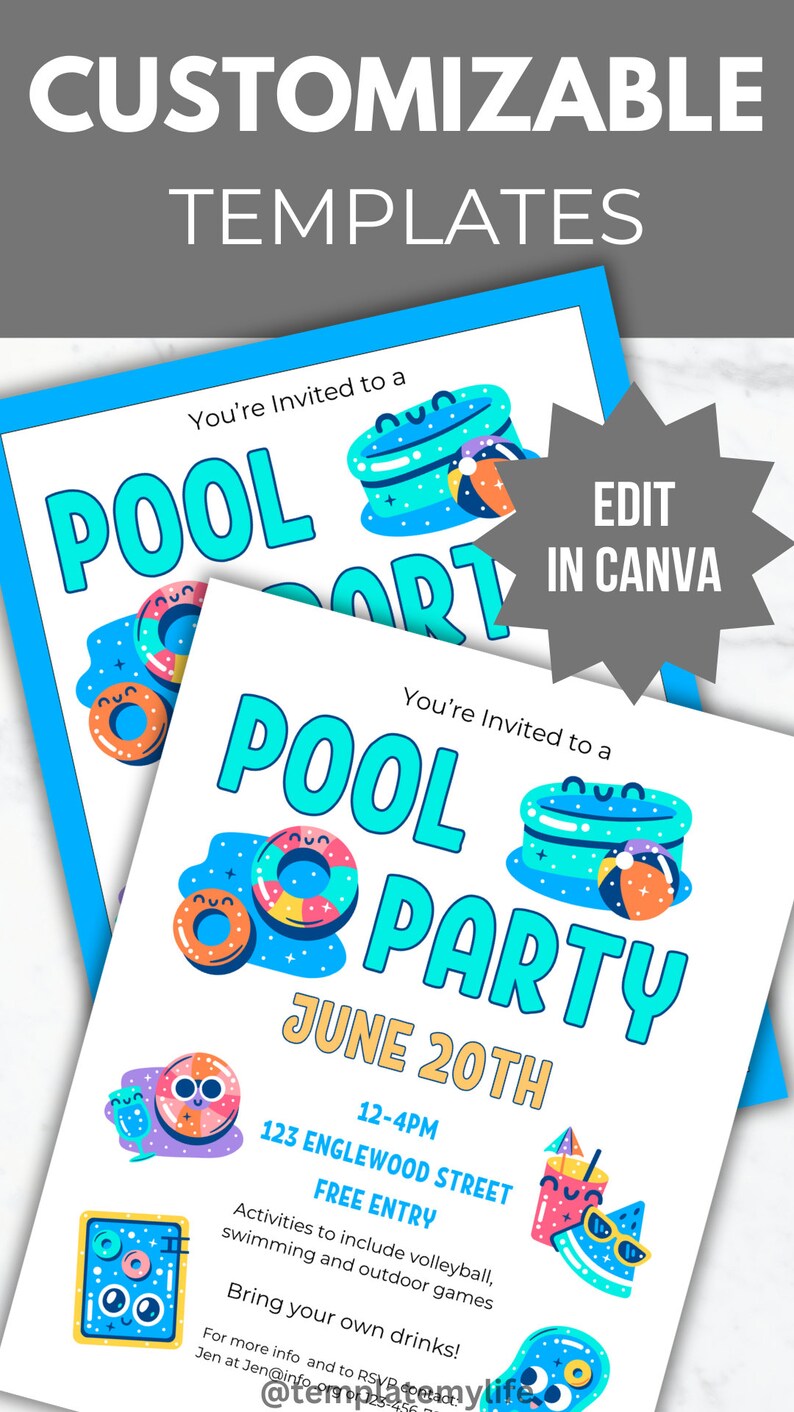 Pool Party Invitation Template Summer Party Invite Editable PTO PTA ...